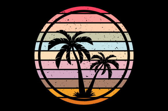 Retro Vintage Sunset Palm Tree, Flowers Graphics for Print Templates