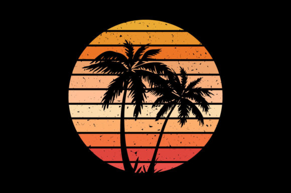 Vintage Retro Sunset Palm Tree, Unicorn Graphics for Print Templates
